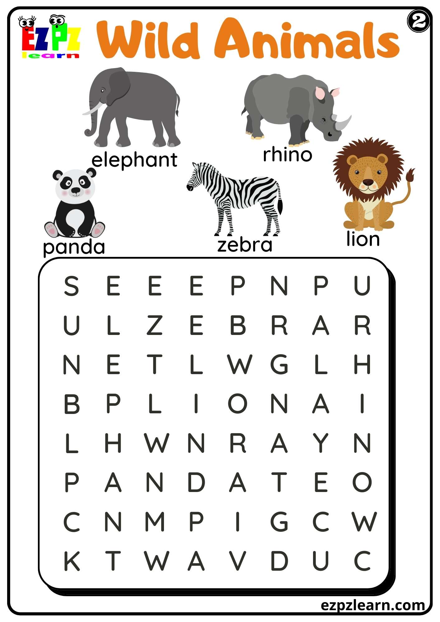 Wild Animals Word Search Worksheet Set 2 For kids and ESL PDF Download